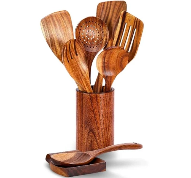 Cheer Collection Deluxe Wooden Utensils Set with Holder and Spoon Rest