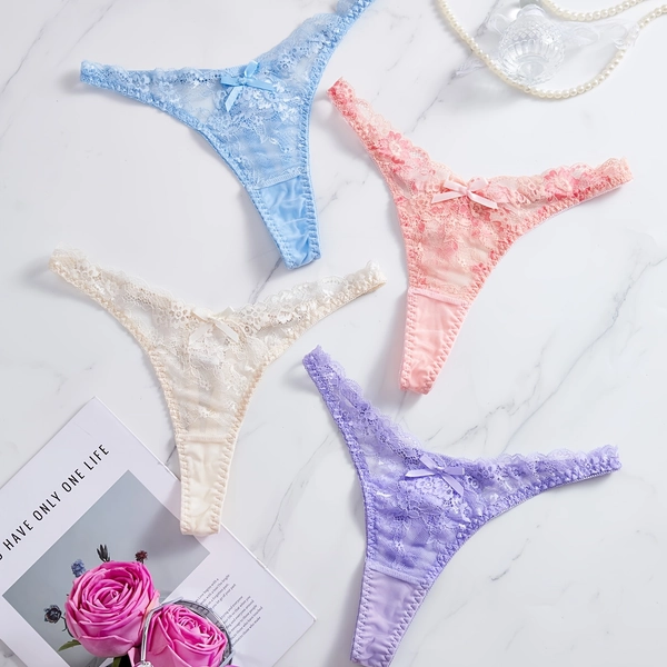 4pcs Women'S Sexy Lace Panties V-String Low-Rise Triangle Panties Set