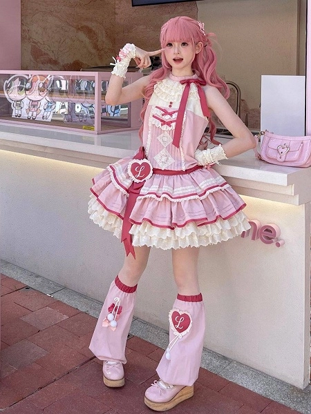 [£60.13]Pink & Beige Low Waist Ruffles Heart-Embellished Sweet Lolita Sleeveless Dress