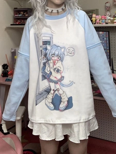 [£27.59]Cartoon Kitten Print Sky Blue Graphic T-shirt with Detachable Sleeves Yami Kawaii Top