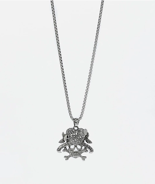 Ed Hardy Stainless Steel Heart & Skull Silver Chain Necklace