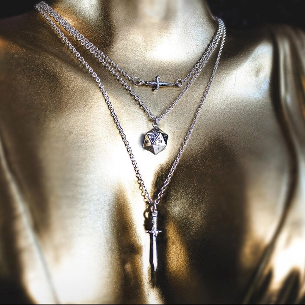 Nightsong Set Daggers Icosahedral Dice Silver Plated Stainless Steel 14",16",18"/16",18",20"/18",20",22" Stacking Necklaces