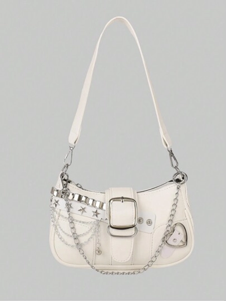 ROMWE Kawaii New Sexy Women Crossbody Bag With Chain Decor, Punk Motorcycle Ladies Crossbody Bag, Dark Cute Girl Handbag