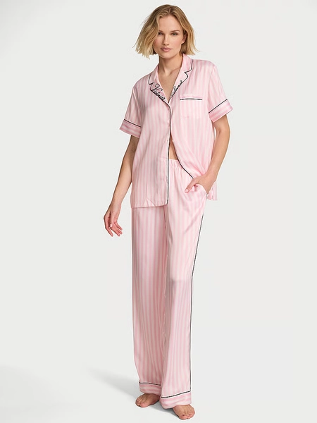 Signature Satin Short-Sleeve Long Pajama Set