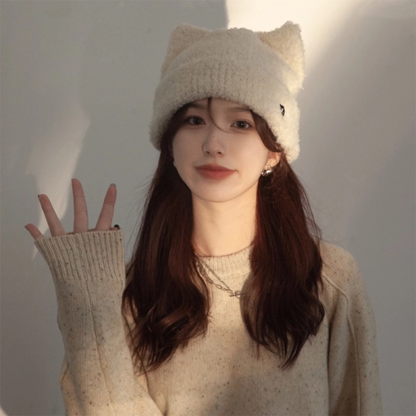 Beige Fuzzy Cat Ear Beanie | Winter - Aespa - Fashion Chingu