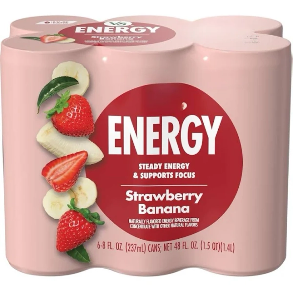 V8 +ENERGY Strawberry Banana Energy Drink 8 FL OZ Can Pack of 6 Natural Plant-Based Energy from Tea & Juices Non-GMO Gluten Free
