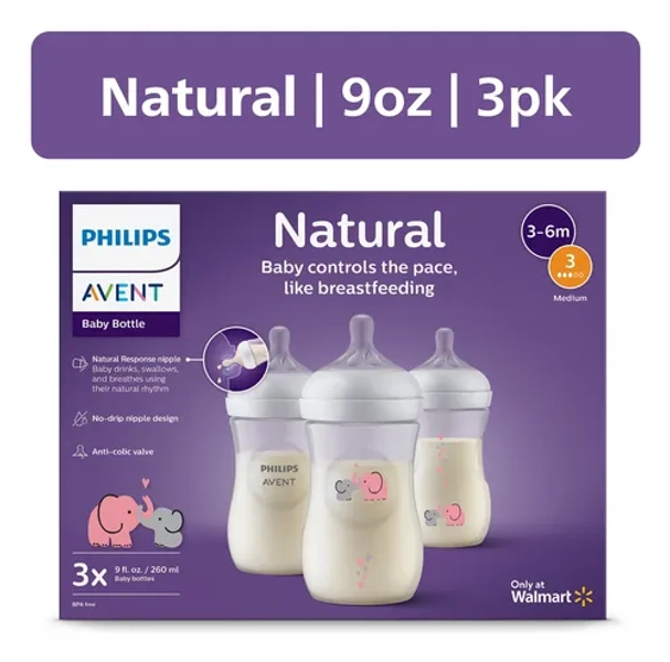 Biberón Natural Philips Avent, 9 Onzas, Flujo Lento, Paquete Transparente x3