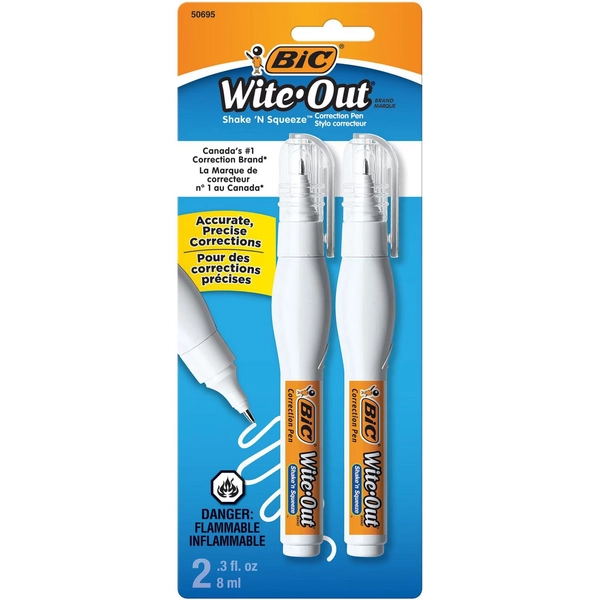 BIC Wite-Out Brand Shake 'n Squeeze Correction Pen, 8 ML Correction Fluid, 2-Count Pack of White Correction Pens, Fast, Clean and Easy to Use Pen Office or School Supplies