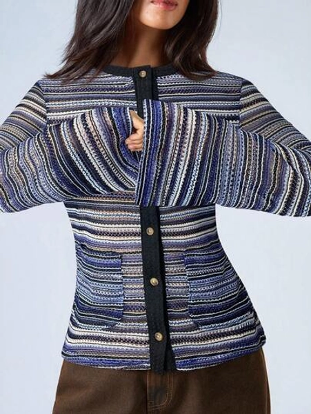 LYSMO Stylish Blue Striped Casual Knitted T-Shirt For Women Featuring A Round Neck And Unique Extra-Long Sleeves Sheer Cardigan Knitted Cover Up Knit Top Women Sheer Knit Cardigan Striped Cardigan Knit Cardigan Womens Knit Top,Fall,Fall Clothes For Women