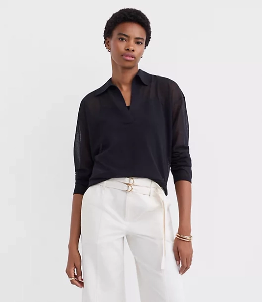 Sheer Collared Split Neck Sweater