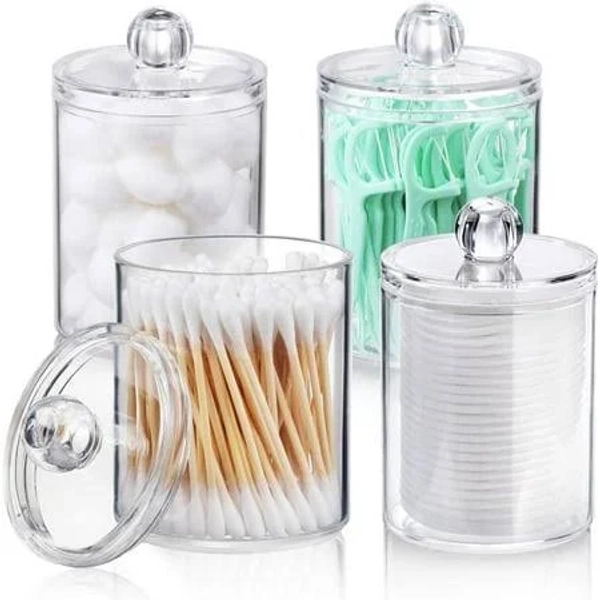 Qtip Holder Dispenser - 2/3/4 Pack 10oz Clear Plastic Apothecary Jars Set - Restroom Bathroom Makeup Organizers Containers for Cotton Ball/Swab/Round