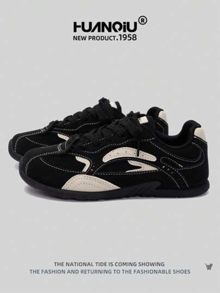 HUANQIU HUANQIU Women's Thick Sole Versatile Athletic Casual Sneakers, Comfy & Stylish, Suitable For All Seasons, Available In Black, Beige, Brown, Student Casual Flat Shoes
