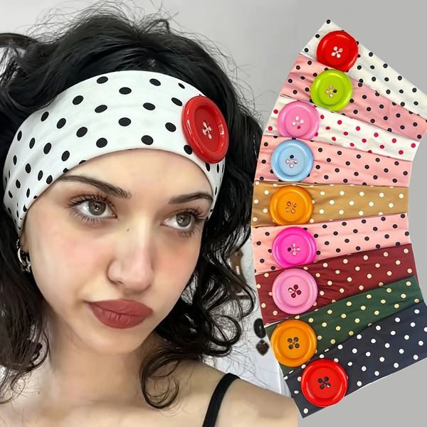 Polka Dot Solid Color Button-Decorated Wide Headband for Women, Fashionable Stretchy Non-Slip Headband for Face Washing, Makeup, and Yoga Hair Tie