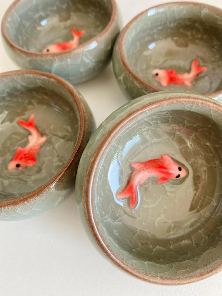 Elegant Koi Fish Crackle glaze Sauce Dishes – Perfect Touch for Sushi Nights and Tea Time