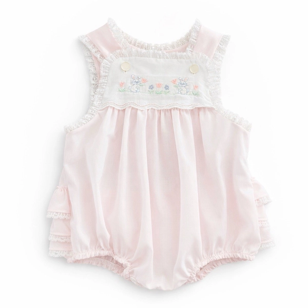 Vintage Baby Bubble Romper Newborn 80s Lacy Girl Outfit Pink Bunnies