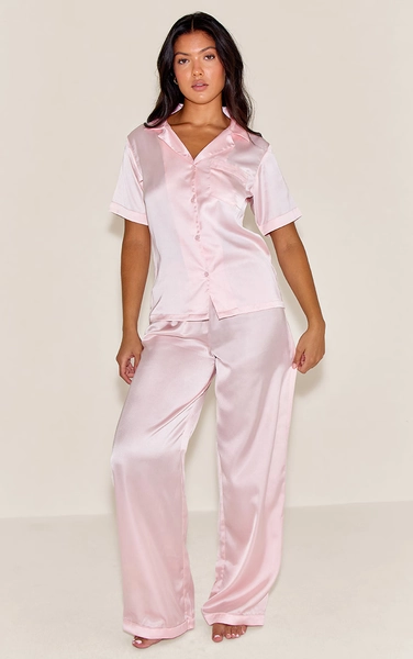 Pink Satin Short Sleeve Long Pj Set