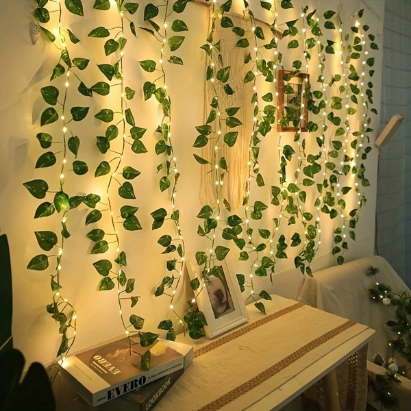 1 LED Green Leaf String Light/Vine Light/Vine Decoration/Vine/Battery-Powered String Light(Batteries Not Included)/Suitable Home Decoration Such As Bedrooms/Weddings/Walls/Staircases/Corridors/Etc