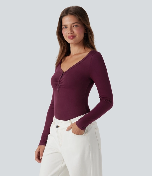 Ribbed Henley Neck Long Sleeve Casual Top