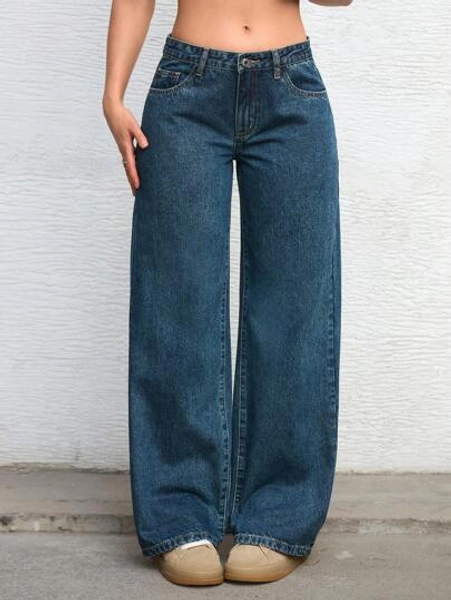 SHEIN ICON Solid Color Pocket Casual Versatile Wide-Leg Jeans