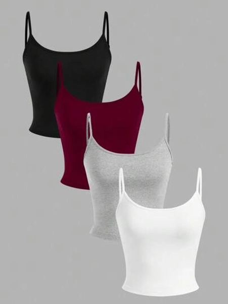SHEIN EZwear 4pcs Women Tight-Fitting Cropped Casual Camisole Tank Tops, Suitable For Summer Back To School