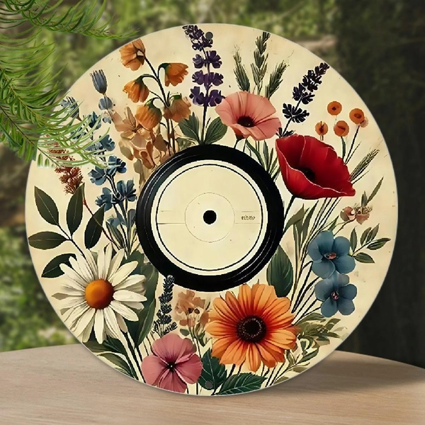 2D Flat, 1pc Hand-Drawn Floral Vinyl Record Wall Art - Round Aluminum Sign with Vibrant 2D Flat Design, Vintage-Inspired Hanging Decor for Home, Cafe, Weddings & Birthdays, Front Door Decor, Cafe Decoration, Vinylrecord Design, Detailed Illustrations, 2D Flat