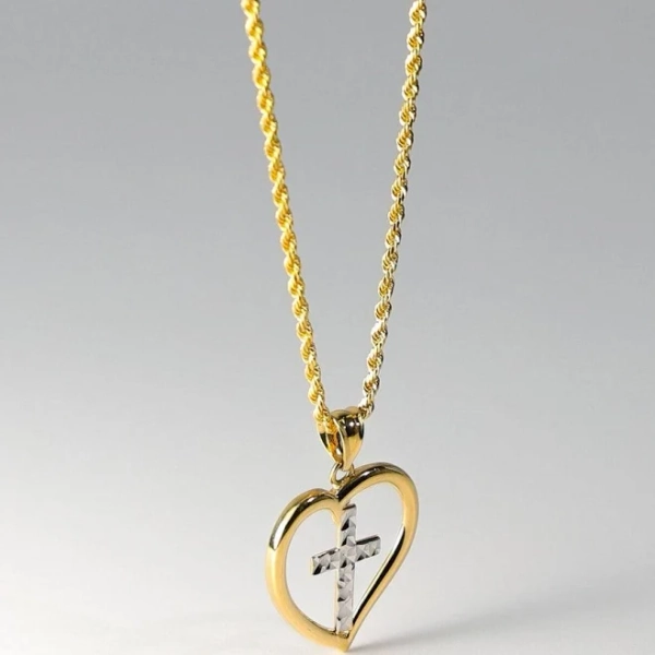 14K Gold Cross & Jesus Pendant with Rope Chain