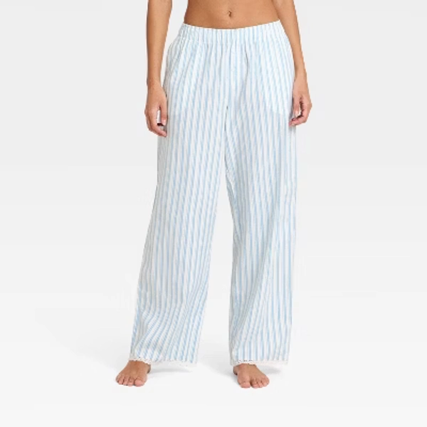 Women's Lace Trim Flannel Pajama Pants - Wild Fable™ Blue Striped L