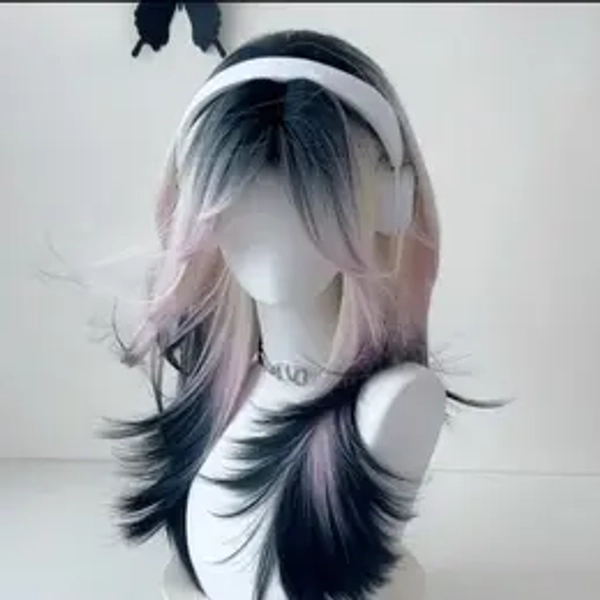 Fashionable Pink-Black-White Gradient Style with a Sense of Layering Wig Female Mid-Length Eight-Character Bangs Hot Top Dyed High Level Wolf Tail Anchovy Head Wig Trend