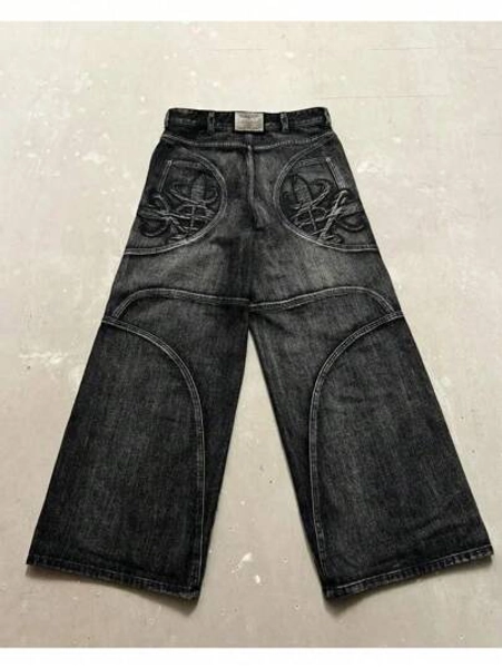 Y2K Cross Embellished Straight-Leg Jeans Retro Black Grey High Quality Comfortable Stylish Mens Denim Pants For Casual Wear  Fashion Streetwear Vintage Inspired Durable Stretch Fit All Day Comfort Perfect For Everyday Outfits Classic Design Versatile Wardrobe Essential Must-Have Jeans For Men