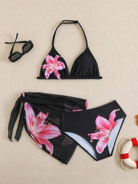 SHEIN Teen Girls 3 PiecesBikini Set, Black Floral Halter Triangle Top, Triangle Bottom, Sarong, Fashionable & Elegant Swimwear Suitable For Swimming, Vacation, Summer Flower Swimsuit Hibiscus Swimsuit Black Flower Swimsuit Teen Girl Swimsuit Black 3 Piece Bikini Set Three Piece Swimsuit Set Bathing Suits 3 Piece Swimming Suits For Woman Teen Dress Beach Two Piece Set Teens Swim Suit Beachwear For Teens Two Piece Set Girls Two Piece Bathing Teen Teen Girl Swimsuit Two Piece Swimsuits For 14 Year Old Two Piece Yong Girl Outfits Swim Wear 20 Modest Bikini Set Summer Two Piece Set Teens Swim Suit Girls Swim Two Piece Kids Swimsuit​ Children's Swimwear Bikini Set Black And Pink Flower Swimwear Girls Set Bathing Suit Sets Bathing Suits For Teen Black Hibiscus Black And Pink Flower Bikini Set Bikini Set For Teen