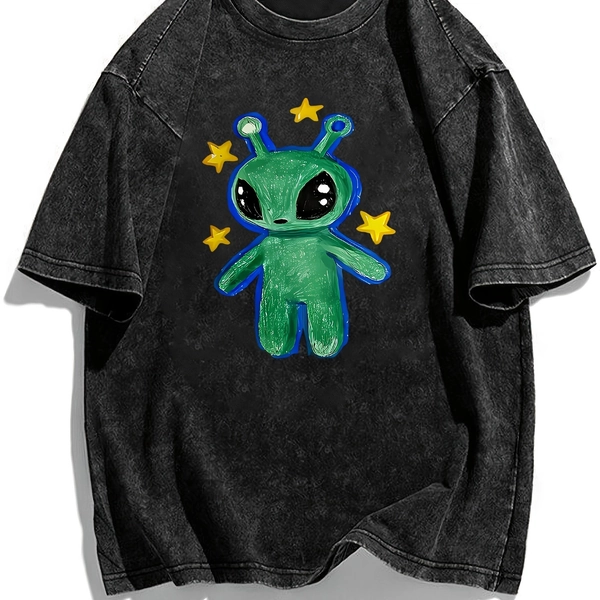 Plus Size - Women'S Plus Size Washed T-Shirt, Cute Green Alien with Stars Print Vintage Washed Short Sleeve Tee, Casual Loose Fit Streetwear Top for Summer