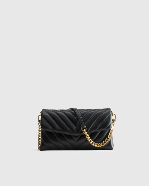 Italian Leather Quilted Wallet Crossbody in Black/Gold