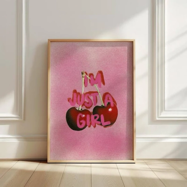 I'm Just a Girl Print – Fun Pink Cherry Poster, Dorm Wall Art, Feminine Bedroom Decor, Unframed