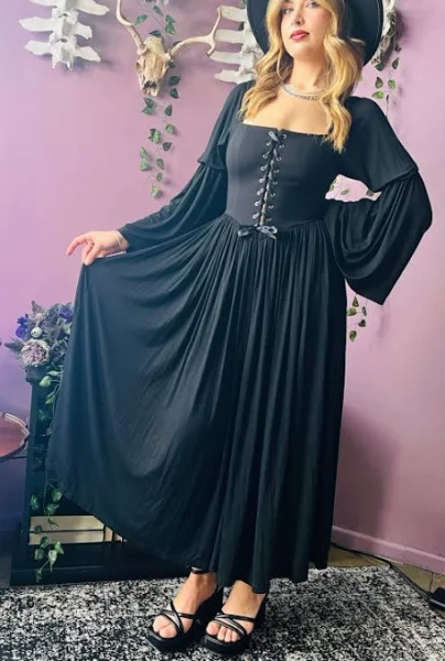 Lilith Cottage Goth Lace Up Jersey Dress
