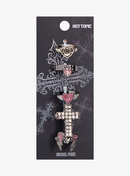 Angel Cross Heart Rhinestone Ring Set