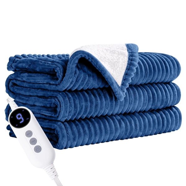 JUSTLET Heated Blanket Electric Twin, 62x84 Heating Blanket Throw, 9 Heat Levels & 2-10 Hours Auto-Off Over-Heat Protection, Ribbed Flannel to Sherpa, Machine Washable, Navy - Walmart.com