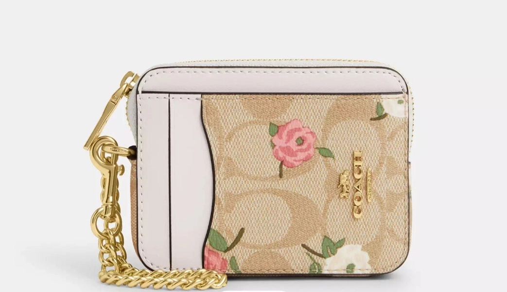 NWT COACH Zip Card Case In Signature Leather Floral Print Light Khaki CR971