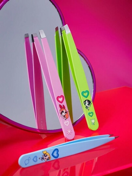 THE POWERPUFF GIRLS X SHEIN 3pcs Heart Blossom, Bubbles, Buttercup Pattern Colorful Eyebrow Tweezer Set