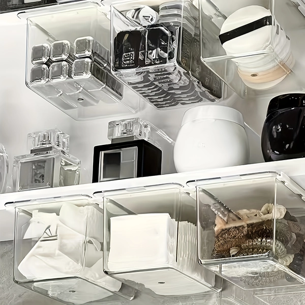 1 stk/2 stk Utvidbar Plast Kosmetikkorganiseringsboks med Oppheng, Gjennomsiktig Minimalistisk Baderomsoppbevaring for Bomullspinner, Makeup-puter, Leppestift - Skuffestil med Skjult Uttrekkbar Hylle i Speilskap