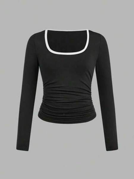 SHEIN Tween Girl SLAYR Tween Girl Casual Daily Fashion Colorblock Square Neck T-Shirt Fall Winter
