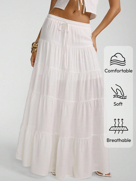 SHEIN X Scot Louie Aloruh Women's New Spring/Summer Solid Beige Long Maxi Skirt, Linen Fabric, Elegant Casual Pleated A-Line Flare Skirt Bohemian Style Resort Wear Vacation Outfits Women,Graduation,Teacher Outfits For Women,Back To School Vacation Outfits Women Holiday Outfits For Women Summer Holiday Outfits Vacation Outfits For Women Beach Vacation Outfits For Women