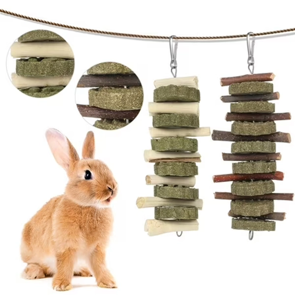 Qweryboo 2 Pcs Hamster Rabbit Chew Toys for Teeth, Natural Organic Wood Apple Sticks and Timothy Hay Treats for Bunny, Chinchillas, Guinea Pigs