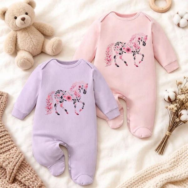 Conjunto de 2 piezas para bebé con estampado floral de caballo, romper con pies, tejido suave y cómodo, múltiples opciones de color disponibles para recién nacidos y niños pequeños. Regalo perfecto para bebés niñas y niños, ideal para exteriores.