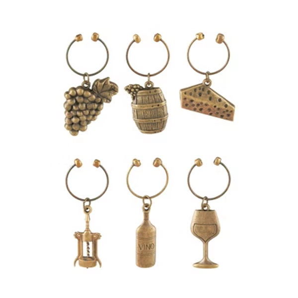 Twine Antiqued Farmhouse Decor Wine Charms, Set of 6 Zinc Alloy Glass Markers for Wine Tasting, Birthday, Dinner, Bridal Shower Party Favors, Bronze