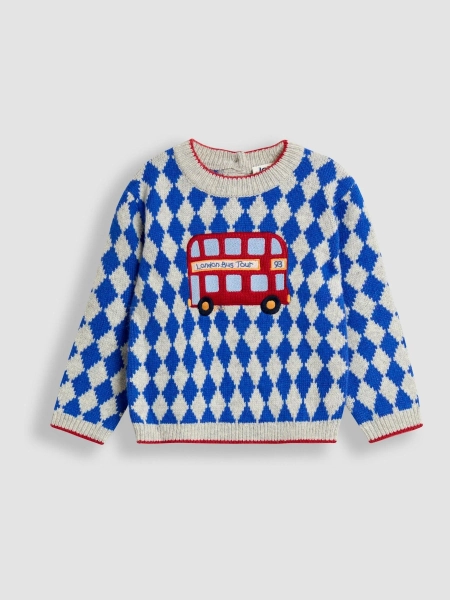 JoJo Maman Bébé Blue Argyle Bus Appliqué Jumper