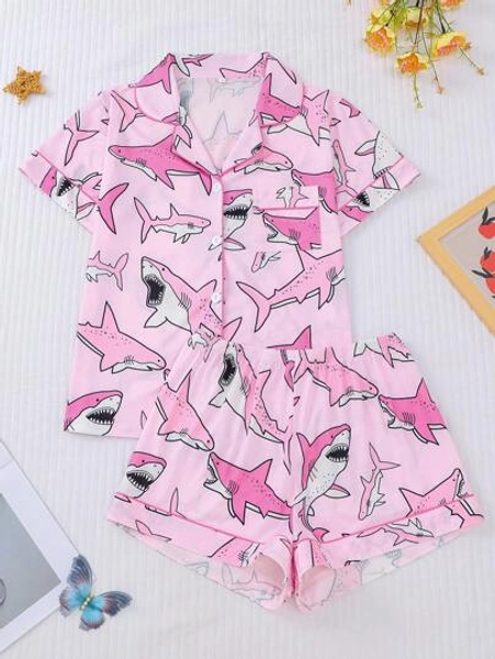 2pcs/Set Women Shark Print Pajama Set, Collared Short Sleeve Comfy Top And Fitted Elastic Shorts, Elegant Sleepwear Outfit For Festival Party, Casual Home Wear