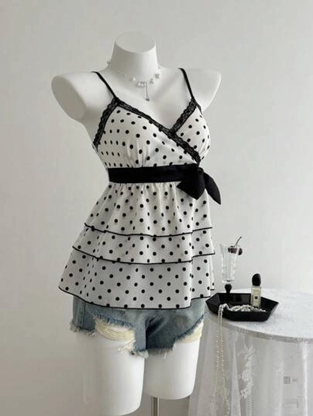 Elamini Summer Cute Sweet Polka Dot Contrast Lace Fitted Ruffled Hem Camisole Top