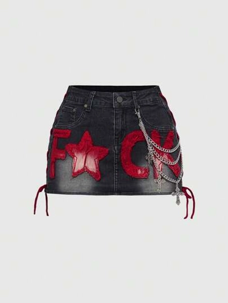 ROMWE J-Fashion Y2K Retro Low-Waist Contrast Color English Letter Print Red Denim Mini Skirt For Women