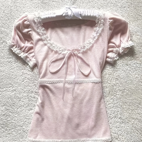 In-Stock French-Style Lace Trim Round Neck Short Sleeve T-Shirt for Women, Spring/Summer Sweet Design Slim Fit Waist-Defining Slightly Stretch Comfort Base Layer Top, Unique Tie Detail Fashionable Versatile Blouse