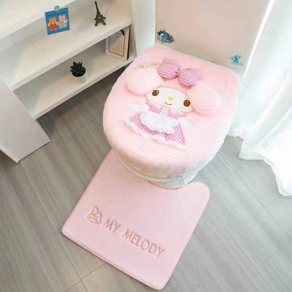 Sanrio Winter Cute Adhesive Toilet Seat Cover Two-Piece Set Home Plush Warm Toilet Mat Three-Piece Set